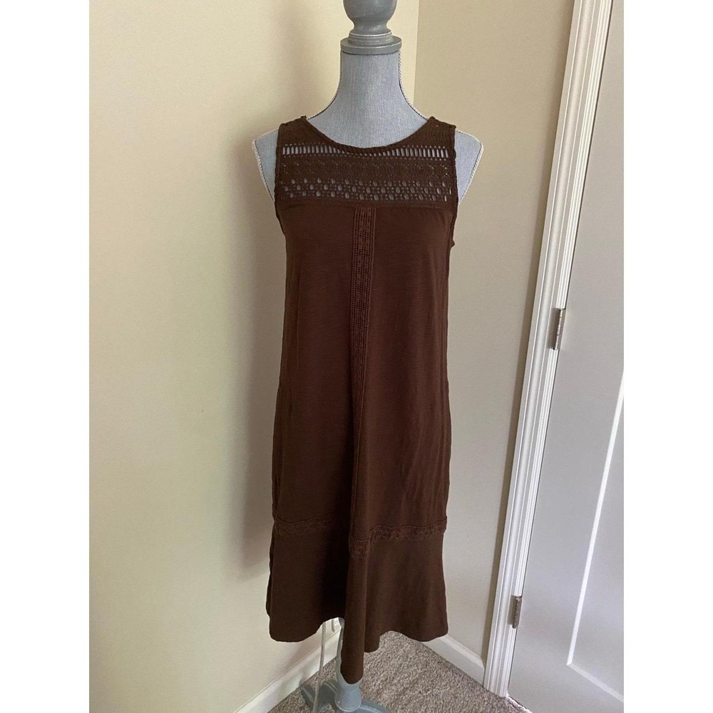 J Jill Brown Sleeveless Crochet Lace Trim Shift Dress Pockets R1